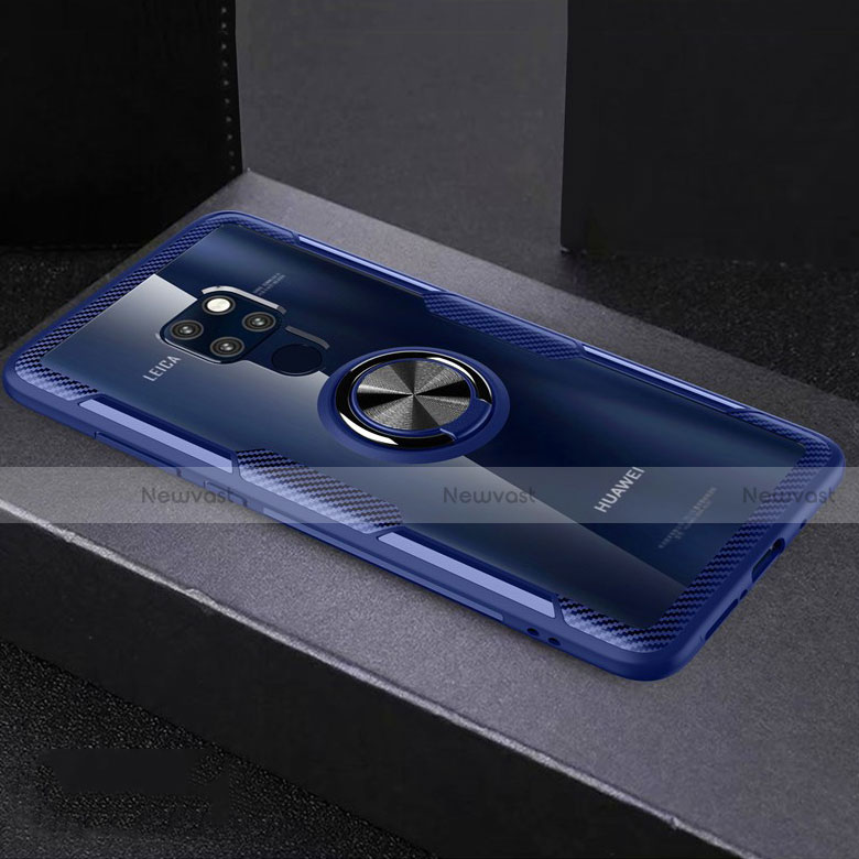Silicone Transparent Mirror Frame Case 360 Degrees with Magnetic Finger Ring Stand for Huawei Mate 20 Blue