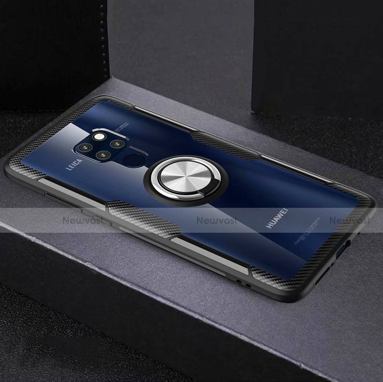 Silicone Transparent Mirror Frame Case 360 Degrees with Magnetic Finger Ring Stand for Huawei Mate 20 Silver and Black