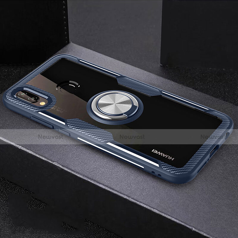 Silicone Transparent Mirror Frame Case 360 Degrees with Magnetic Finger Ring Stand for Huawei Nova 3e Blue