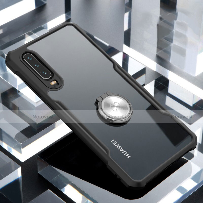 Silicone Transparent Mirror Frame Case 360 Degrees with Magnetic Finger Ring Stand for Huawei P30