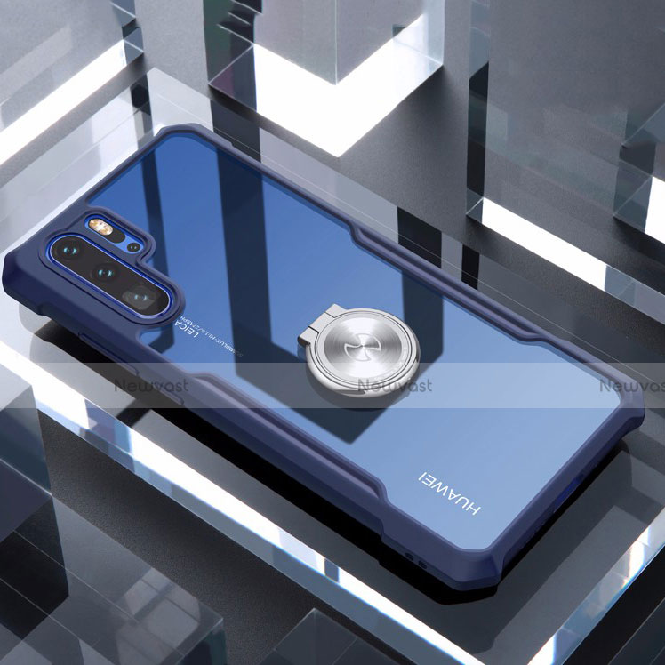 Silicone Transparent Mirror Frame Case 360 Degrees with Magnetic Finger Ring Stand for Huawei P30 Pro Blue