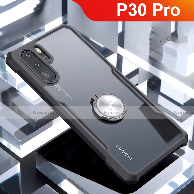Silicone Transparent Mirror Frame Case 360 Degrees with Magnetic Finger Ring Stand for Huawei P30 Pro New Edition Black