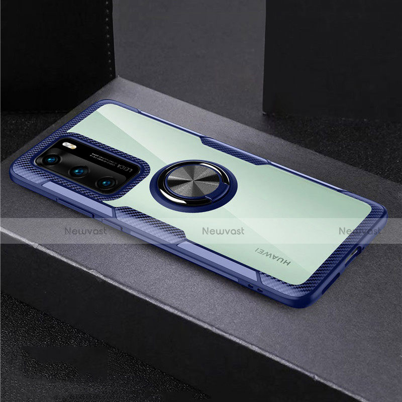 Silicone Transparent Mirror Frame Case 360 Degrees with Magnetic Finger Ring Stand for Huawei P40