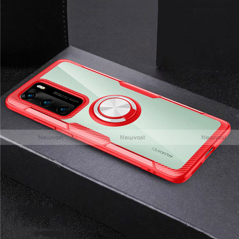 Silicone Transparent Mirror Frame Case 360 Degrees with Magnetic Finger Ring Stand for Huawei P40