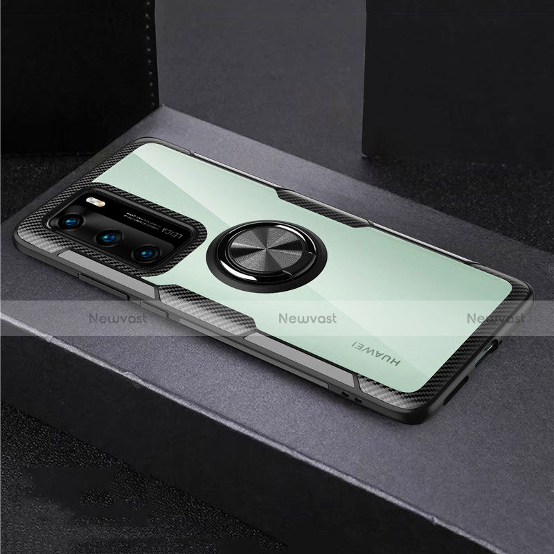 Silicone Transparent Mirror Frame Case 360 Degrees with Magnetic Finger Ring Stand for Huawei P40 Black