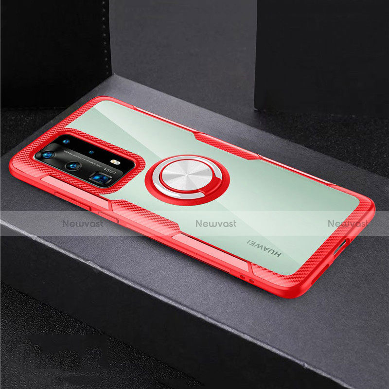Silicone Transparent Mirror Frame Case 360 Degrees with Magnetic Finger Ring Stand for Huawei P40 Pro+ Plus