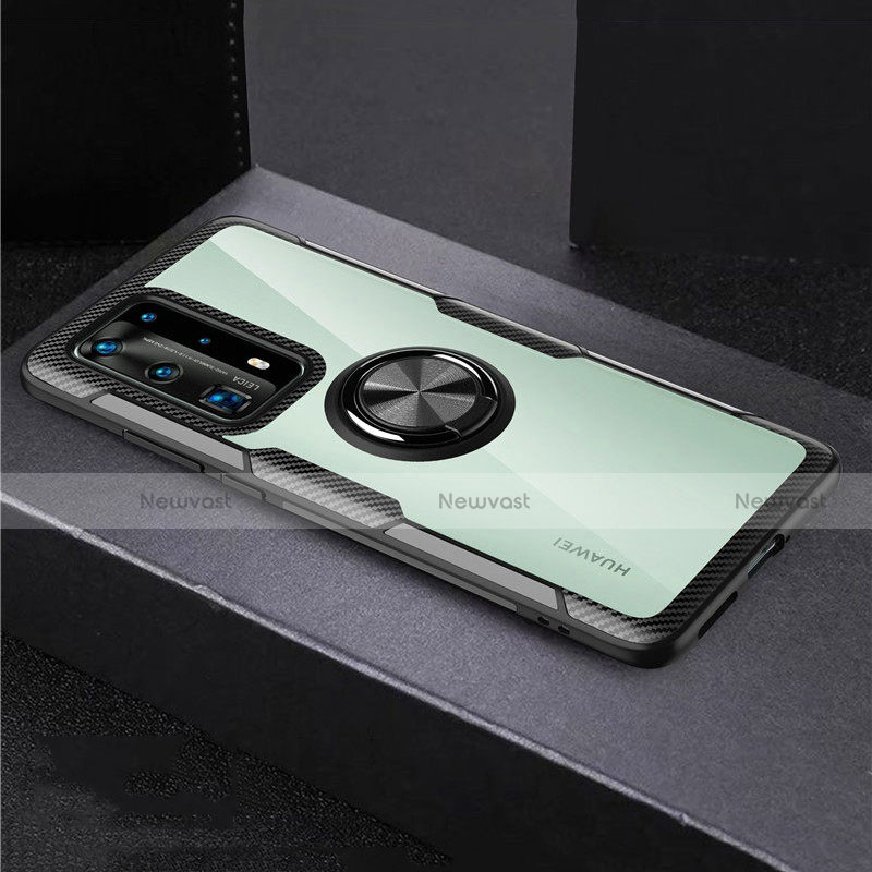 Silicone Transparent Mirror Frame Case 360 Degrees with Magnetic Finger Ring Stand for Huawei P40 Pro+ Plus Black