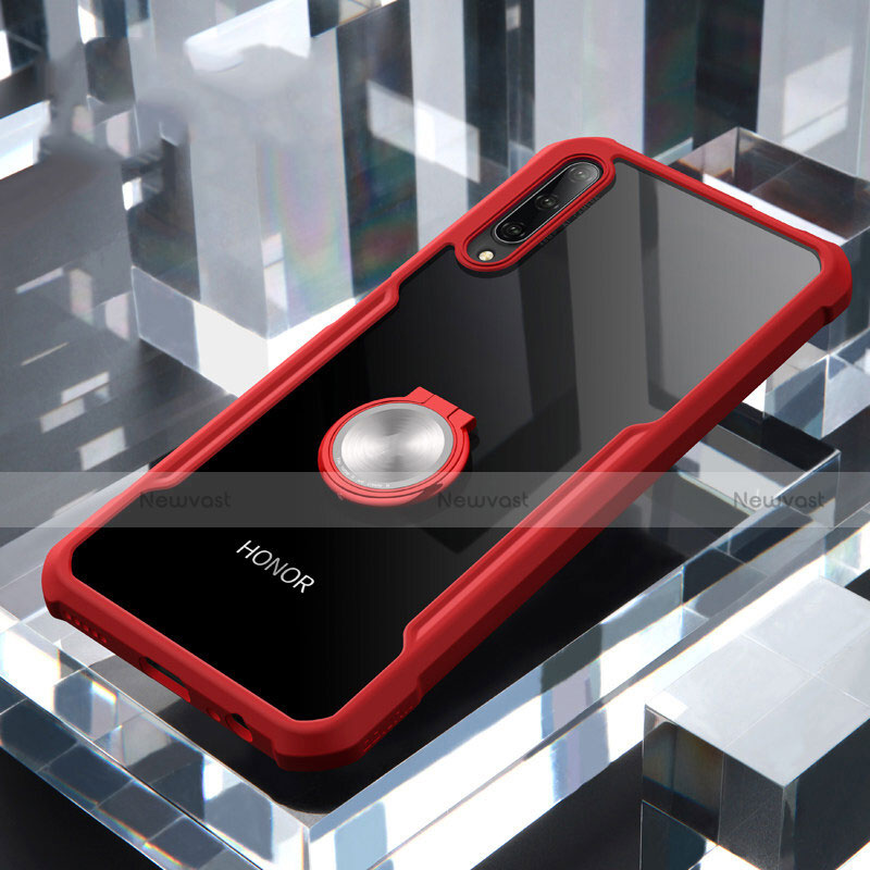 Silicone Transparent Mirror Frame Case 360 Degrees with Magnetic Finger Ring Stand for Huawei Y9s Red