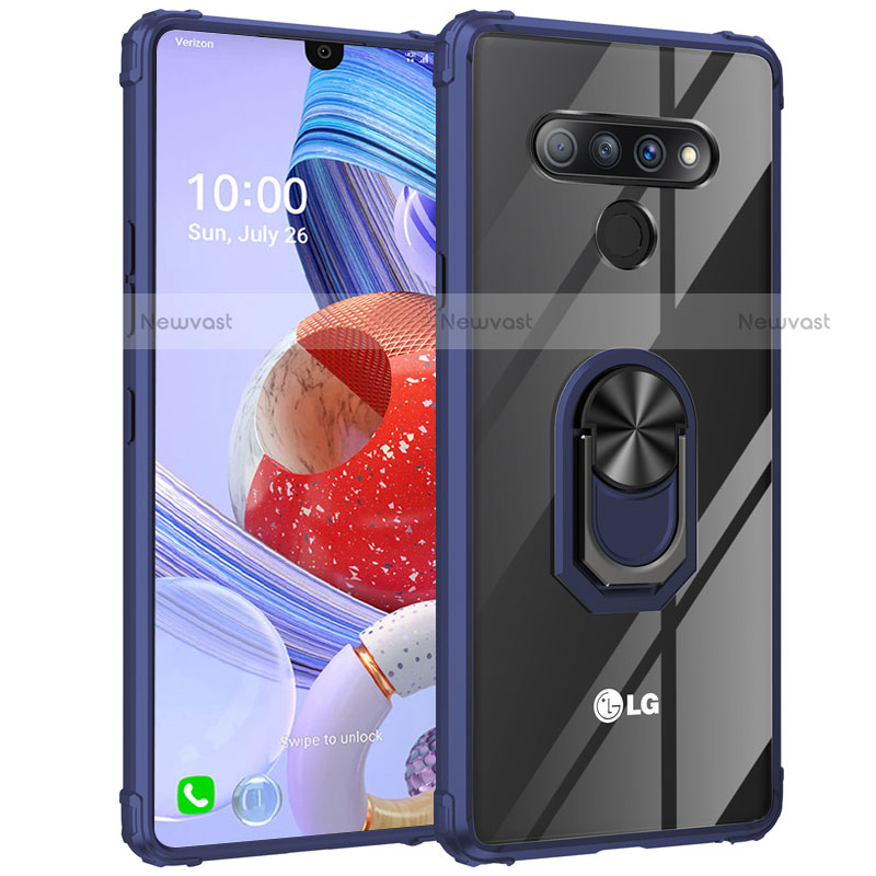 Silicone Transparent Mirror Frame Case 360 Degrees with Magnetic Finger Ring Stand for LG Stylo 6 Blue
