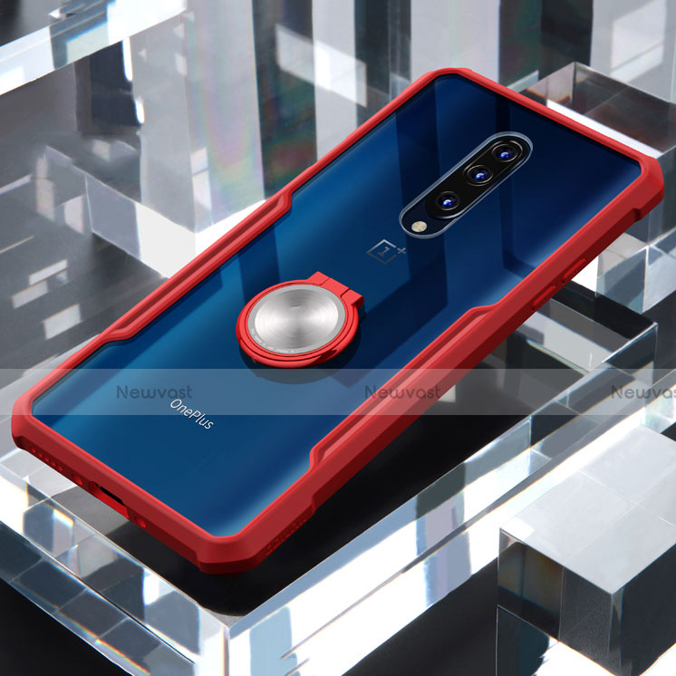 Silicone Transparent Mirror Frame Case 360 Degrees with Magnetic Finger Ring Stand for OnePlus 7 Pro Red