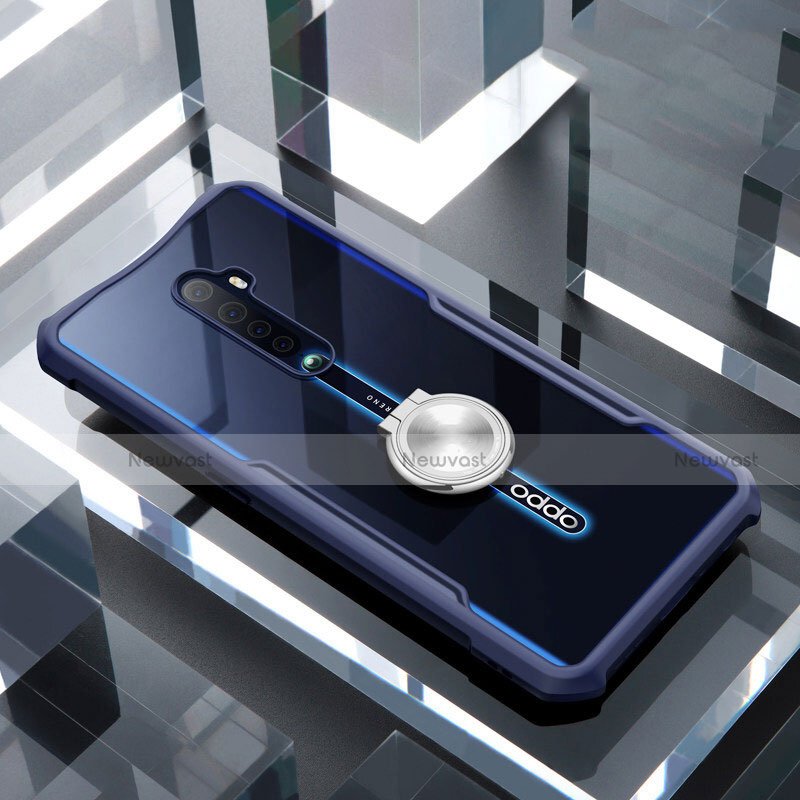 Silicone Transparent Mirror Frame Case 360 Degrees with Magnetic Finger Ring Stand for Oppo Reno2 Blue