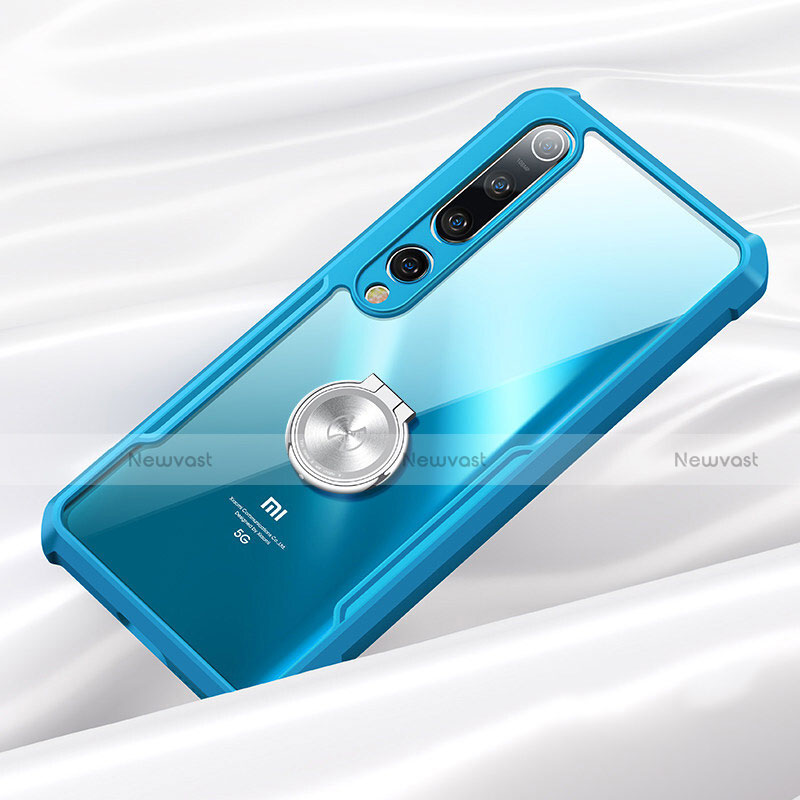 Silicone Transparent Mirror Frame Case 360 Degrees with Magnetic Finger Ring Stand for Xiaomi Mi 10 Blue