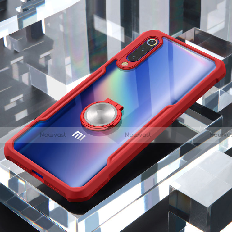 Silicone Transparent Mirror Frame Case 360 Degrees with Magnetic Finger Ring Stand for Xiaomi Mi 9 Pro 5G Red