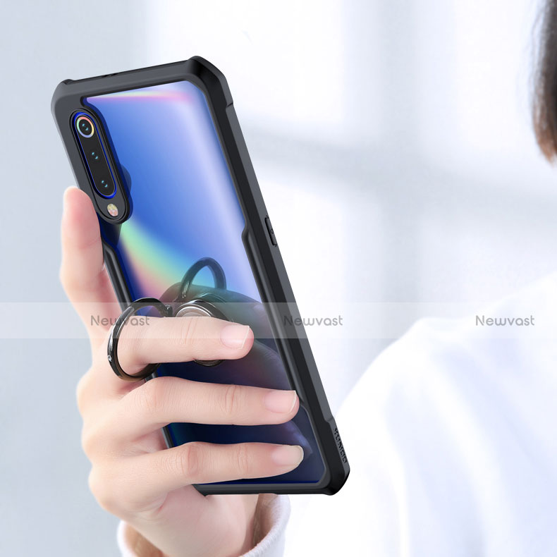 Silicone Transparent Mirror Frame Case 360 Degrees with Magnetic Finger Ring Stand for Xiaomi Mi 9 SE