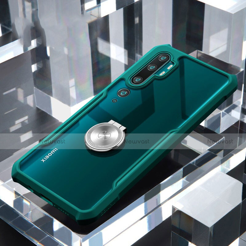 Silicone Transparent Mirror Frame Case 360 Degrees with Magnetic Finger Ring Stand for Xiaomi Mi Note 10 Pro Green