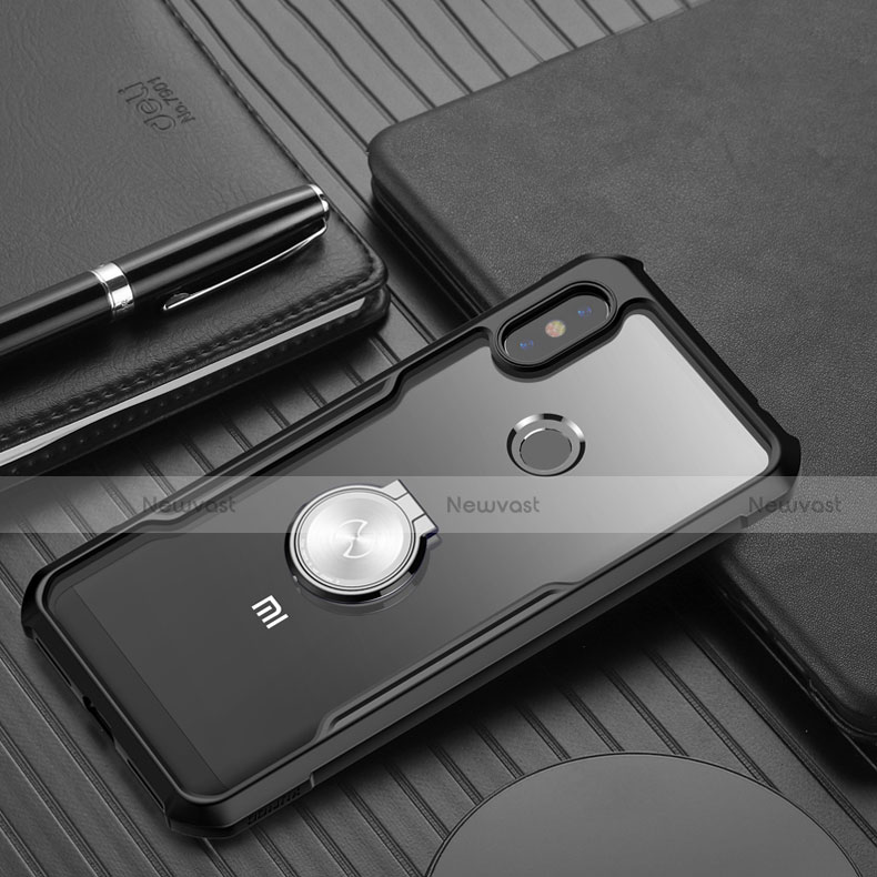 Silicone Transparent Mirror Frame Case 360 Degrees with Magnetic Finger Ring Stand for Xiaomi Redmi Note 6 Pro Black