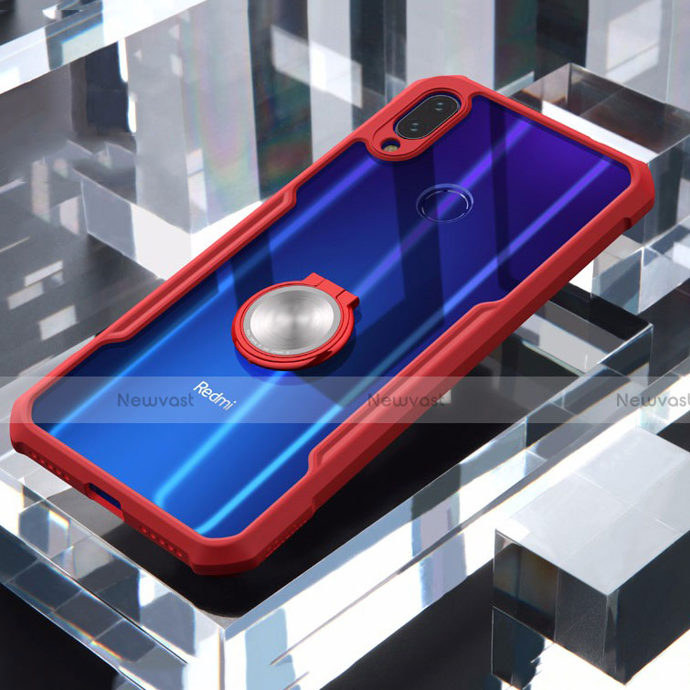 Silicone Transparent Mirror Frame Case 360 Degrees with Magnetic Finger Ring Stand for Xiaomi Redmi Note 7 Pro Red
