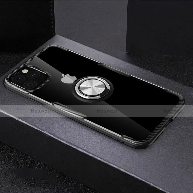 Silicone Transparent Mirror Frame Case 360 Degrees with Magnetic Finger Ring Stand M01 for Apple iPhone 11 Pro Black