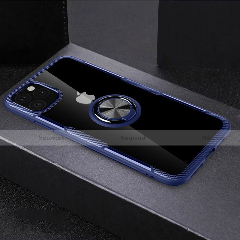 Silicone Transparent Mirror Frame Case 360 Degrees with Magnetic Finger Ring Stand M01 for Apple iPhone 11 Pro Blue