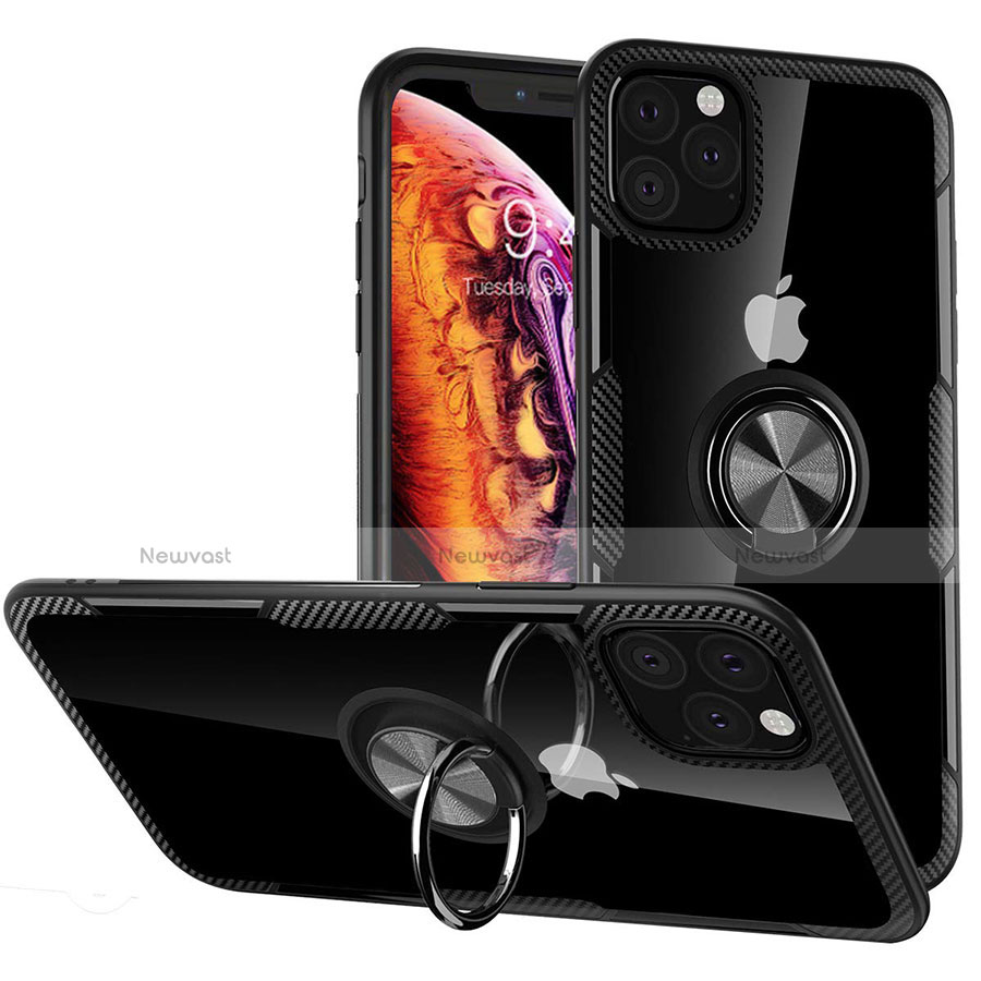 Silicone Transparent Mirror Frame Case 360 Degrees with Magnetic Finger Ring Stand M02 for Apple iPhone 11 Pro Black