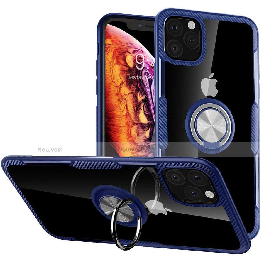 Silicone Transparent Mirror Frame Case 360 Degrees with Magnetic Finger Ring Stand M02 for Apple iPhone 11 Pro Max Blue