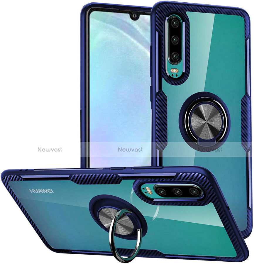 Silicone Transparent Mirror Frame Case 360 Degrees with Magnetic Finger Ring Stand S01 for Huawei P30