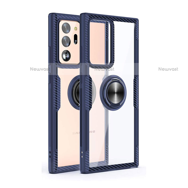 Silicone Transparent Mirror Frame Case 360 Degrees with Magnetic Finger Ring Stand T02 for Samsung Galaxy Note 20 Ultra 5G Blue