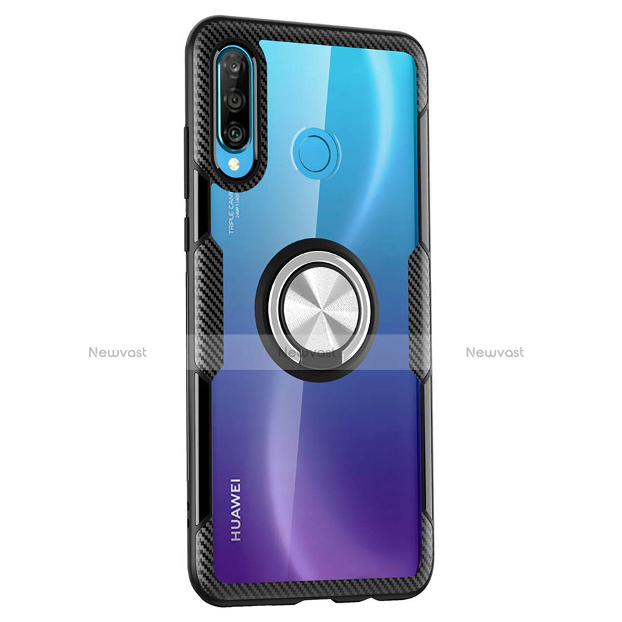 Silicone Transparent Mirror Frame Case 360 Degrees with Magnetic Finger Ring Stand Z01 for Huawei Nova 4e Black