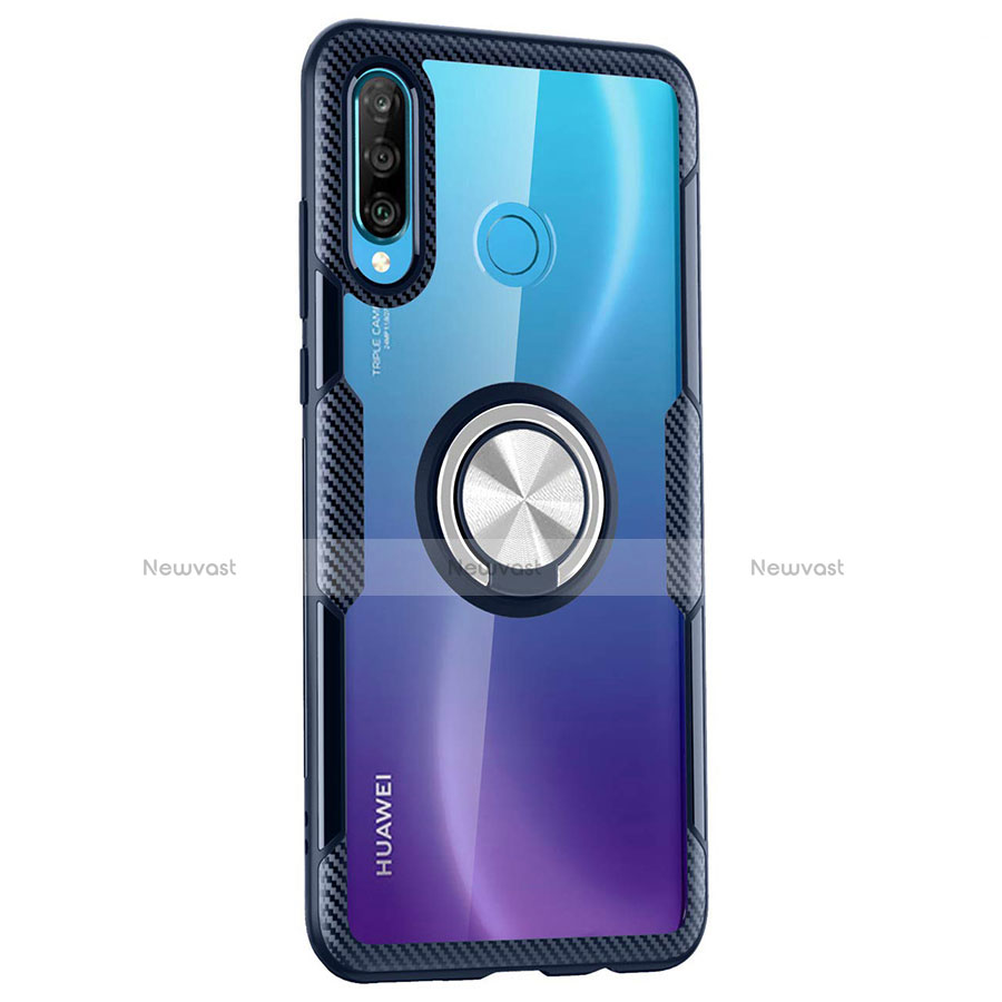 Silicone Transparent Mirror Frame Case 360 Degrees with Magnetic Finger Ring Stand Z01 for Huawei Nova 4e Blue