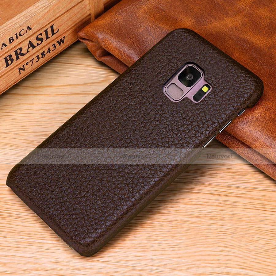 Soft Luxury Leather Snap On Case Cover P01 for Samsung Galaxy S9 Brown