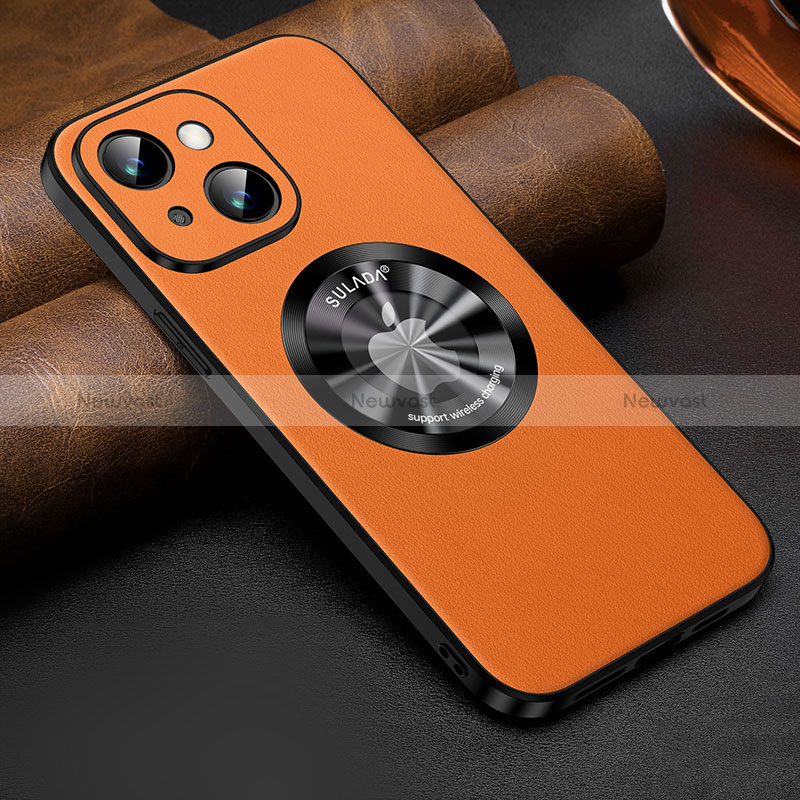 Soft Luxury Leather Snap On Case Cover with Mag-Safe Magnetic LD2 for Apple iPhone 13 Orange