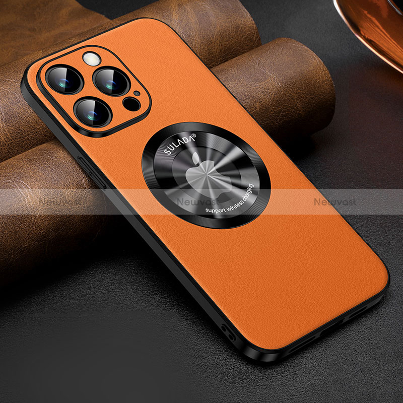 Soft Luxury Leather Snap On Case Cover with Mag-Safe Magnetic LD2 for Apple iPhone 14 Pro Max Orange