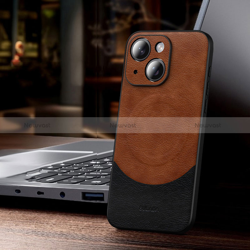 Soft Luxury Leather Snap On Case Cover with Mag-Safe Magnetic LD4 for Apple iPhone 14 Brown