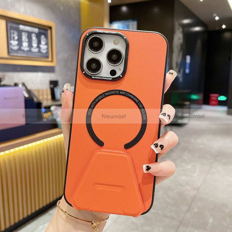 Soft Luxury Leather Snap On Case Cover with Mag-Safe Magnetic QC2 for Apple iPhone 14 Pro Max Orange