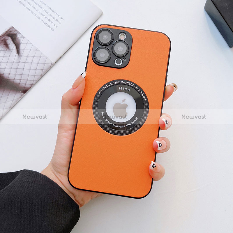 Soft Luxury Leather Snap On Case Cover with Mag-Safe Magnetic QC3 for Apple iPhone 13 Pro Max Orange