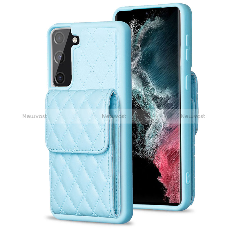 Soft Silicone Gel Leather Snap On Case Cover BF4 for Samsung Galaxy S21 FE 5G Sky Blue