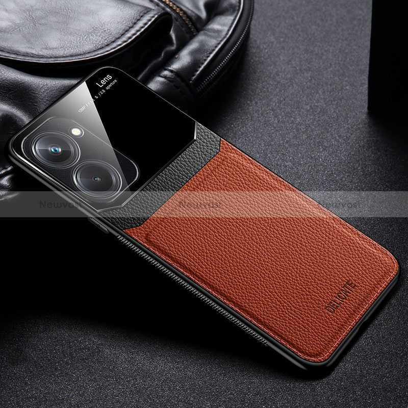 Soft Silicone Gel Leather Snap On Case Cover FL1 for Realme 10 Pro 5G Brown