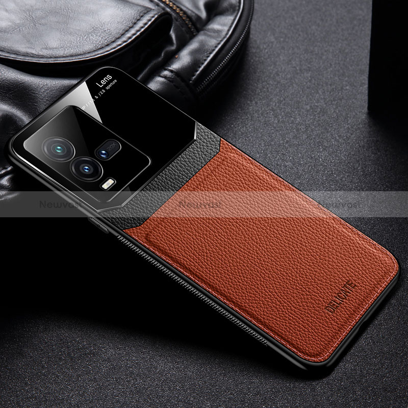 Soft Silicone Gel Leather Snap On Case Cover FL1 for Vivo iQOO 10 5G Brown