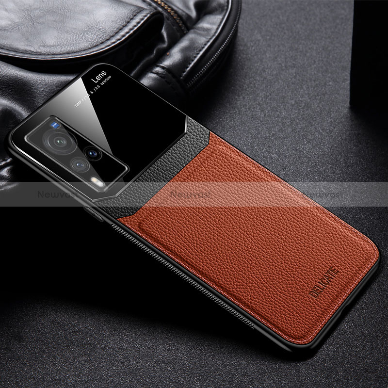 Soft Silicone Gel Leather Snap On Case Cover FL1 for Vivo X60 Pro 5G Brown