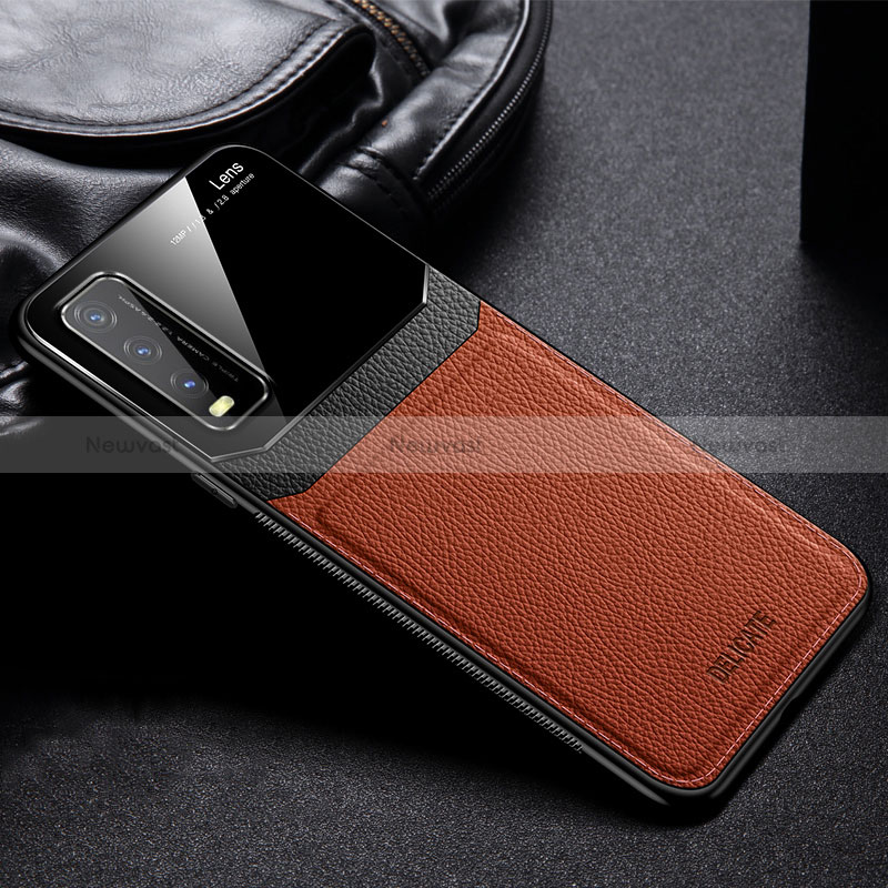 Soft Silicone Gel Leather Snap On Case Cover FL1 for Vivo Y12s Brown