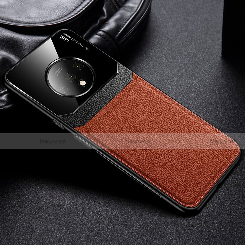 Soft Silicone Gel Leather Snap On Case Cover H03 for OnePlus 7T Brown