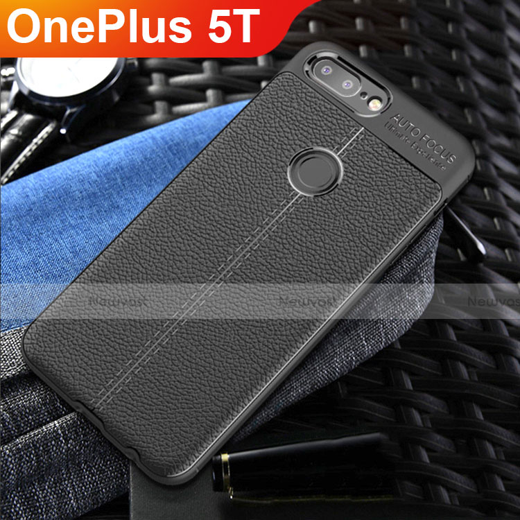 Soft Silicone Gel Leather Snap On Case Cover S01 for OnePlus 5T A5010 Black