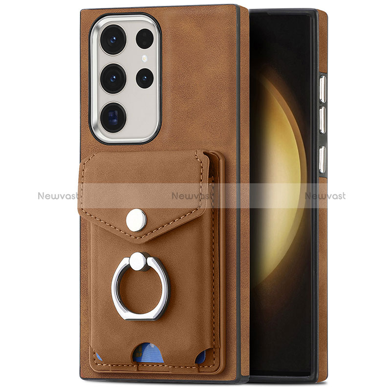 Soft Silicone Gel Leather Snap On Case Cover SD8 for Samsung Galaxy S22 Ultra 5G Brown