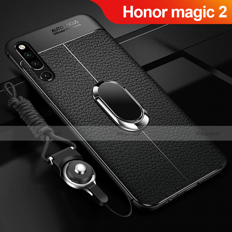 Soft Silicone Gel Leather Snap On Case Cover with Magnetic Finger Ring Stand A01 for Huawei Honor Magic 2 Black