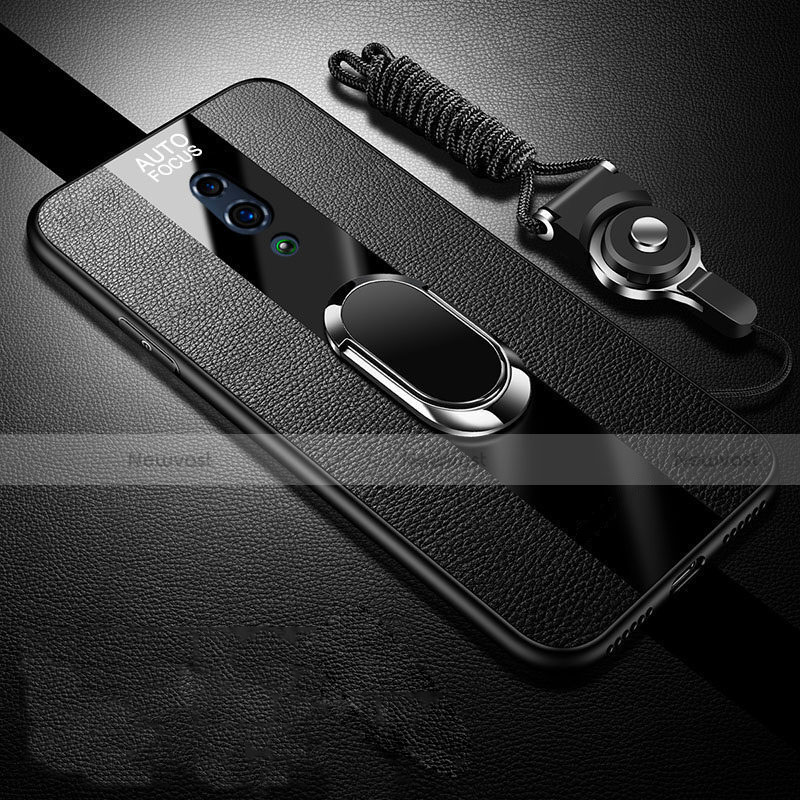 Soft Silicone Gel Leather Snap On Case Cover with Magnetic Finger Ring Stand A01 for Oppo K3 Black