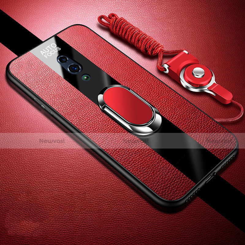 Soft Silicone Gel Leather Snap On Case Cover with Magnetic Finger Ring Stand A01 for Realme X Red