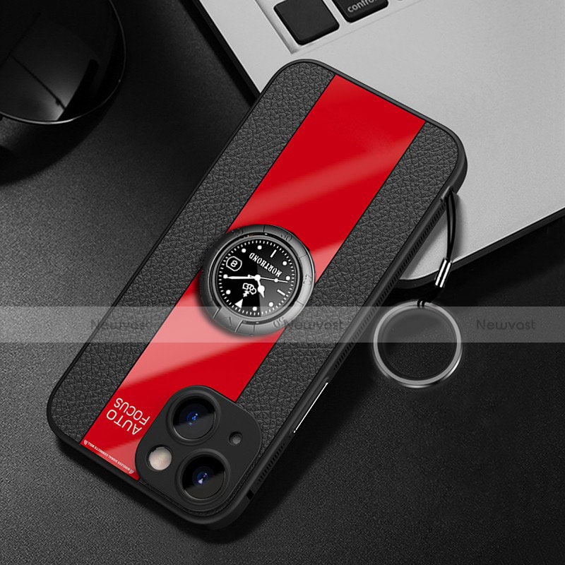 Soft Silicone Gel Leather Snap On Case Cover with Magnetic Finger Ring Stand for Apple iPhone 13