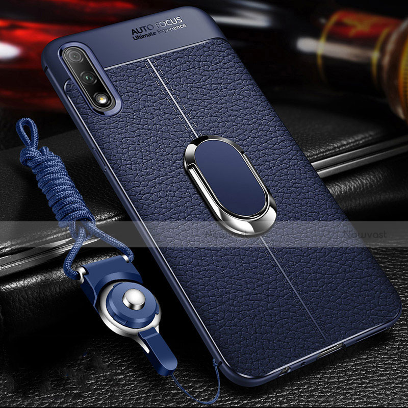 Soft Silicone Gel Leather Snap On Case Cover with Magnetic Finger Ring Stand for Huawei Enjoy 10 Blue
