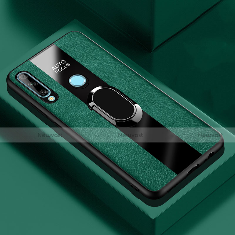 Soft Silicone Gel Leather Snap On Case Cover with Magnetic Finger Ring Stand for Huawei Enjoy 10 Plus Green