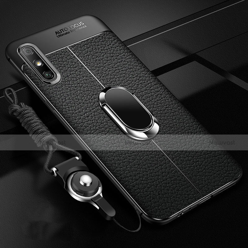 Soft Silicone Gel Leather Snap On Case Cover with Magnetic Finger Ring Stand for Huawei Enjoy 10e Black